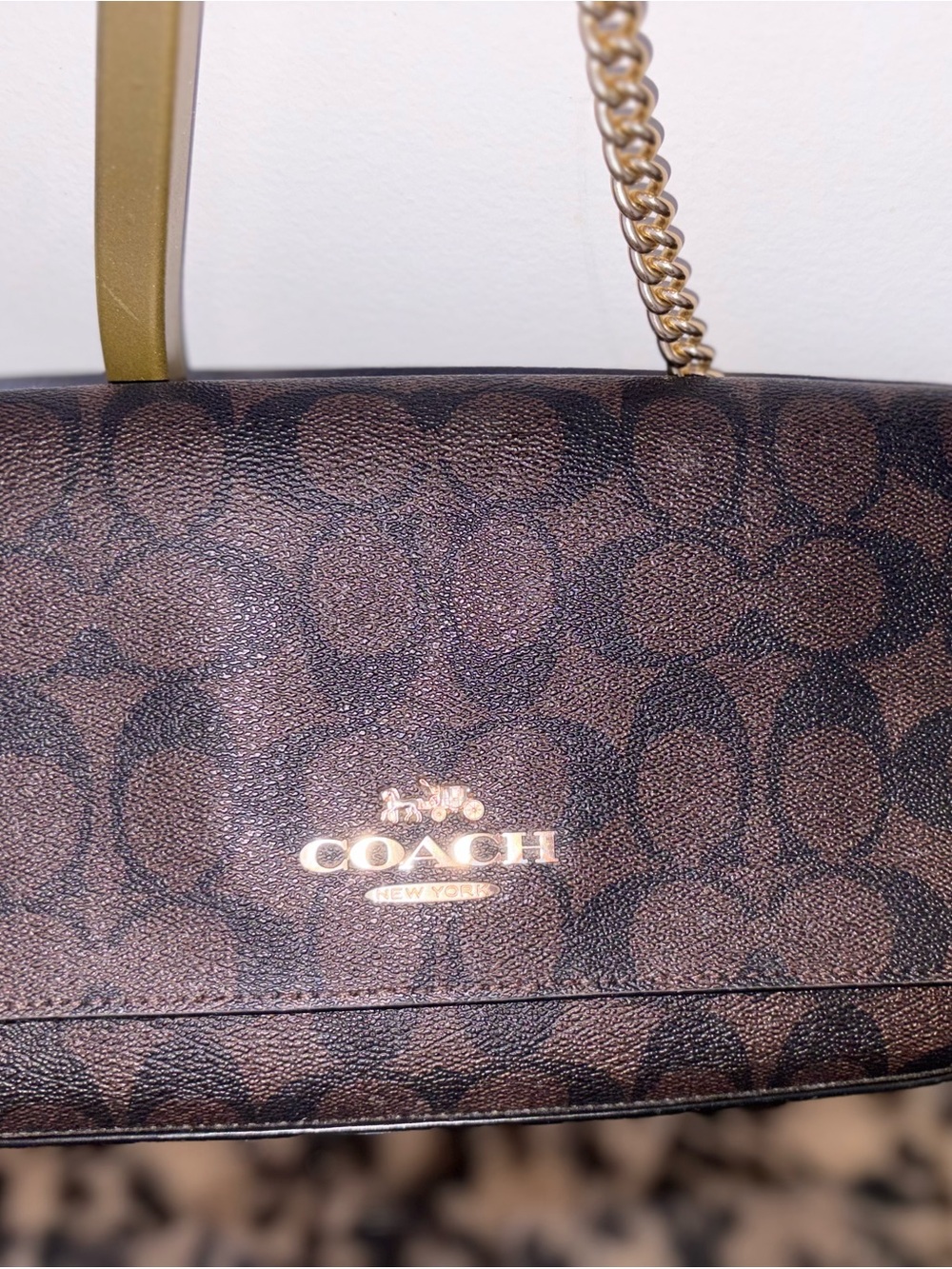 Coach Brown Signature Chain Crossbody Bag with Gold Hardware